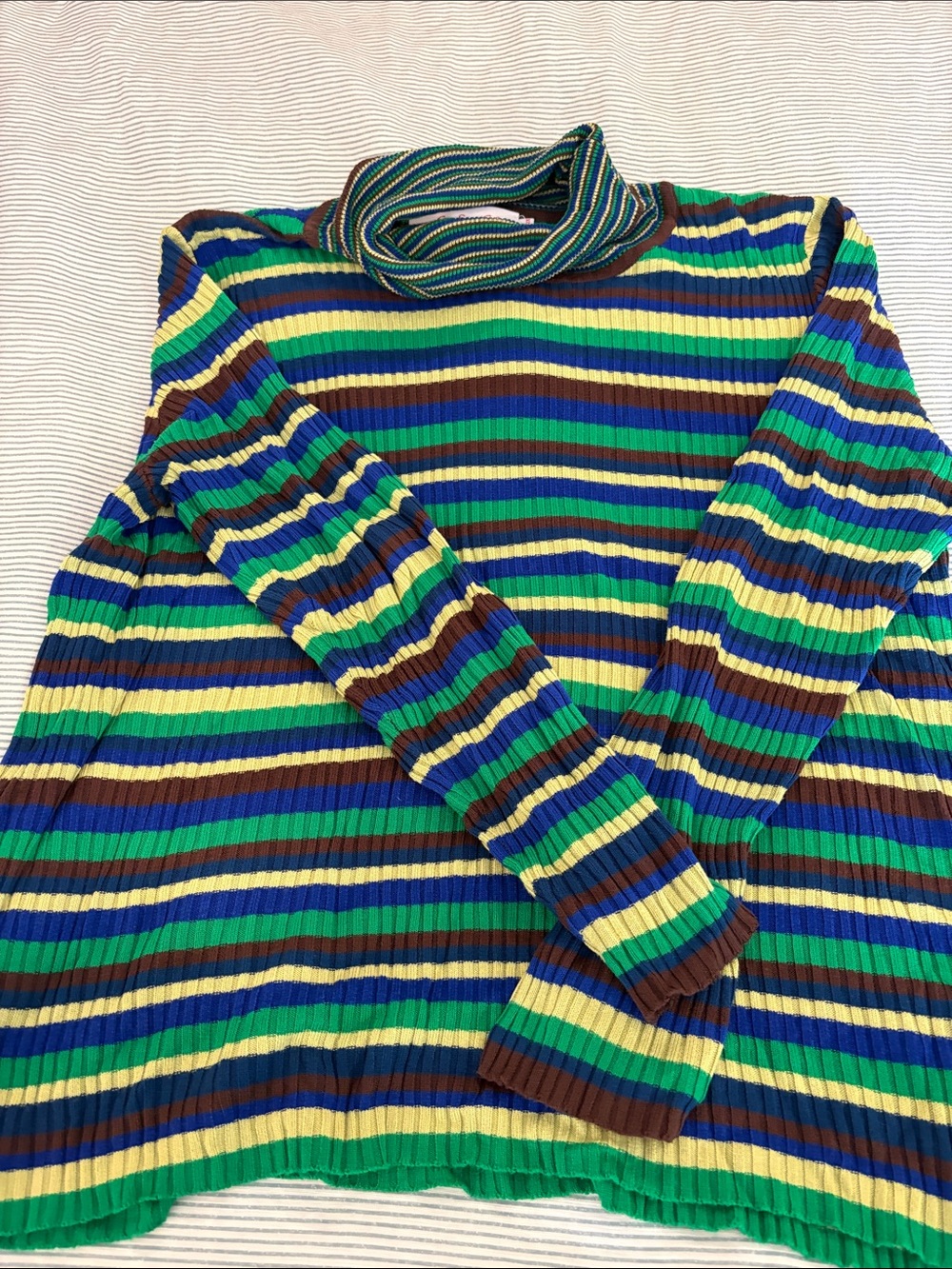 Lisa Says Gah Striped Ribbed Turtleneck Sweater — Green, Blue, Yellow, Brown
